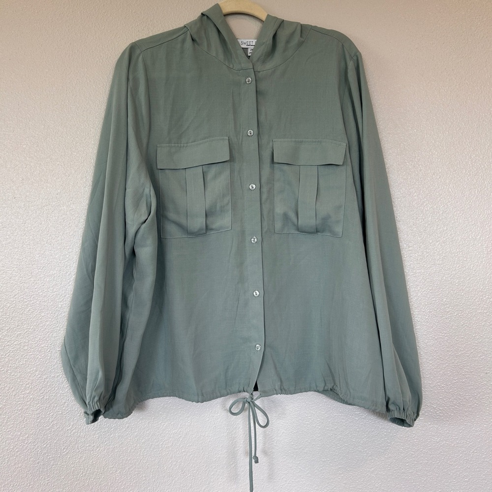 Sweet Rain Sage Green Hooded Button Down Drawstring Top Plus Size 2X